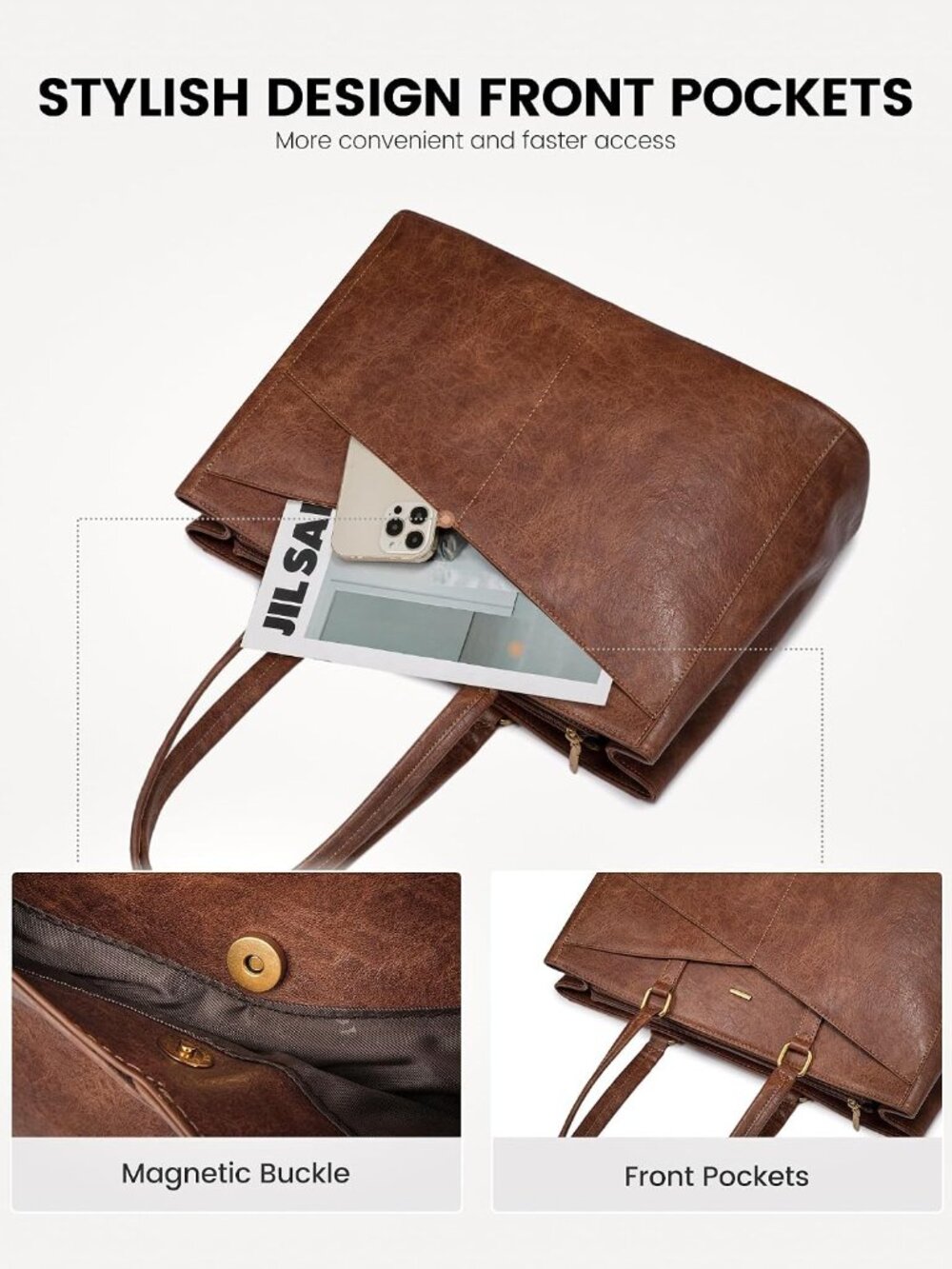 Laptop Tote Bag for Women,Leather Work Computer Briefcase Bag - Picture 4 of 8